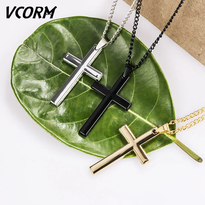 

VCORM Men Gold Silver Stainless Steel Crystal Chains Cross Necklaces for Women Men Fashion Long Cubic Zirconia Necklace Jewelry
