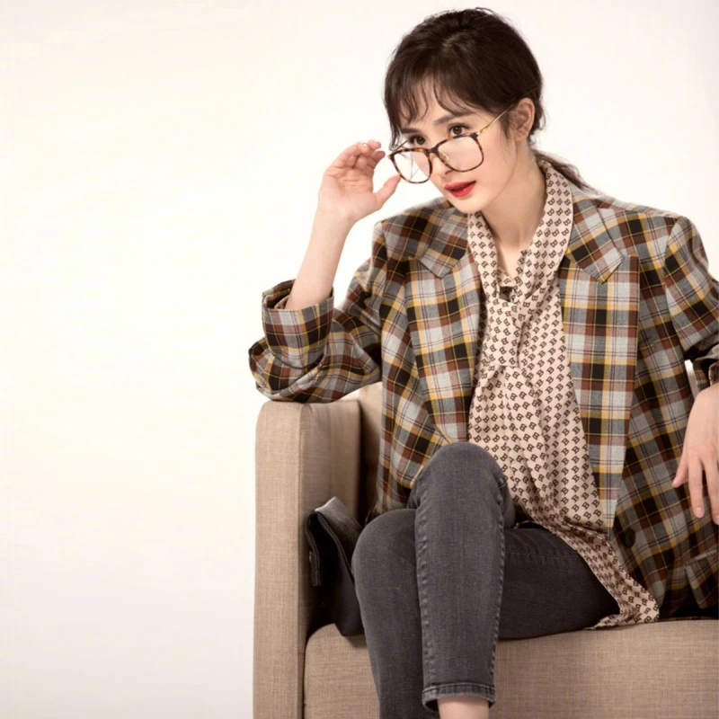 2018 Autumn Retro Contrast Color Plaid Blazers + Bow Collar Chiffon Shirt + Grey Black Jeans 3 Piece Set Women's Sets