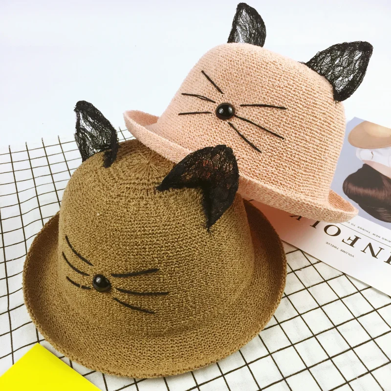 Buy Summer Straw Hat With Cute Cat Ears For Women Wide