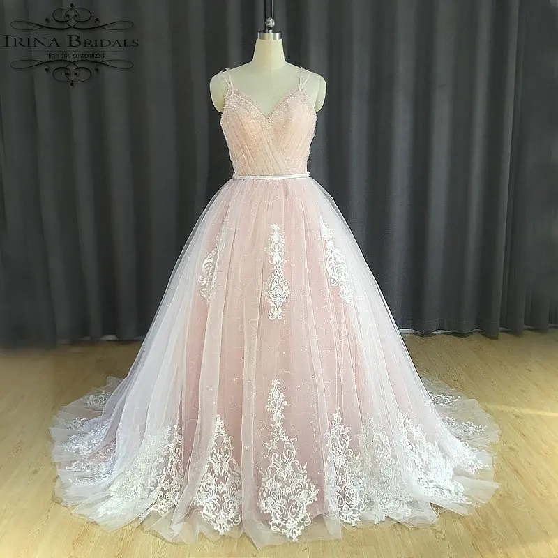 Тонкие хрустальные лямки Irina Bridals сверкающее блестящее розовое свадебное платье