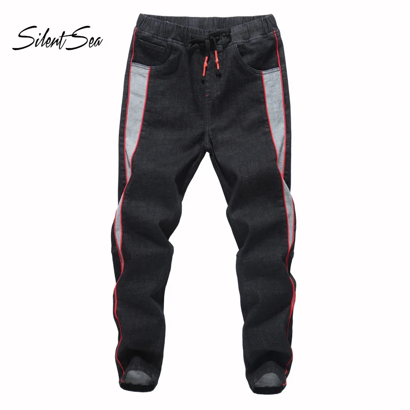 

Silentsea Men Jeans Fashion Stretch Joggers Hip Hop Denim Jogger Pants Gray Side Elastic Waist Male Jeans Big Size 6XL 7XL