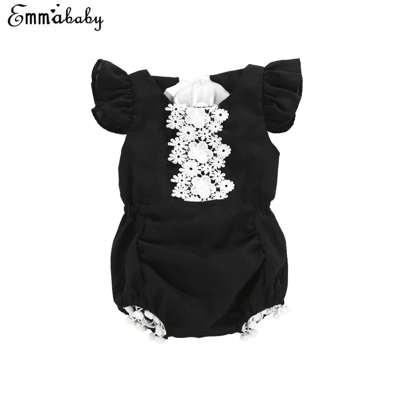 Newborn Baby Girls Rompers Sleeveless Black White Romper Bandage Lace