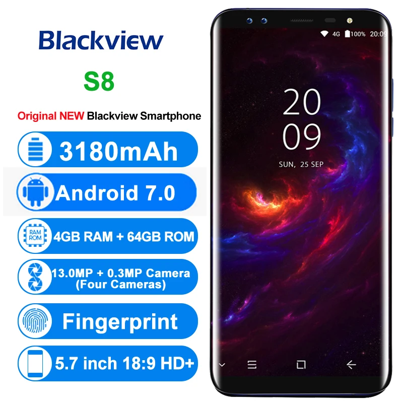 Оригинал Blackview S8 4 г мобильные телефоны Android 7 0 ГБ Оперативная память 64 Встроенная