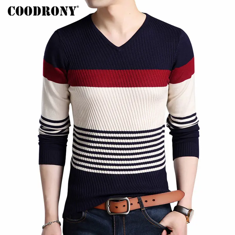 COODRONY Sweaters Thick Warm Pullover Men Casual Striped V