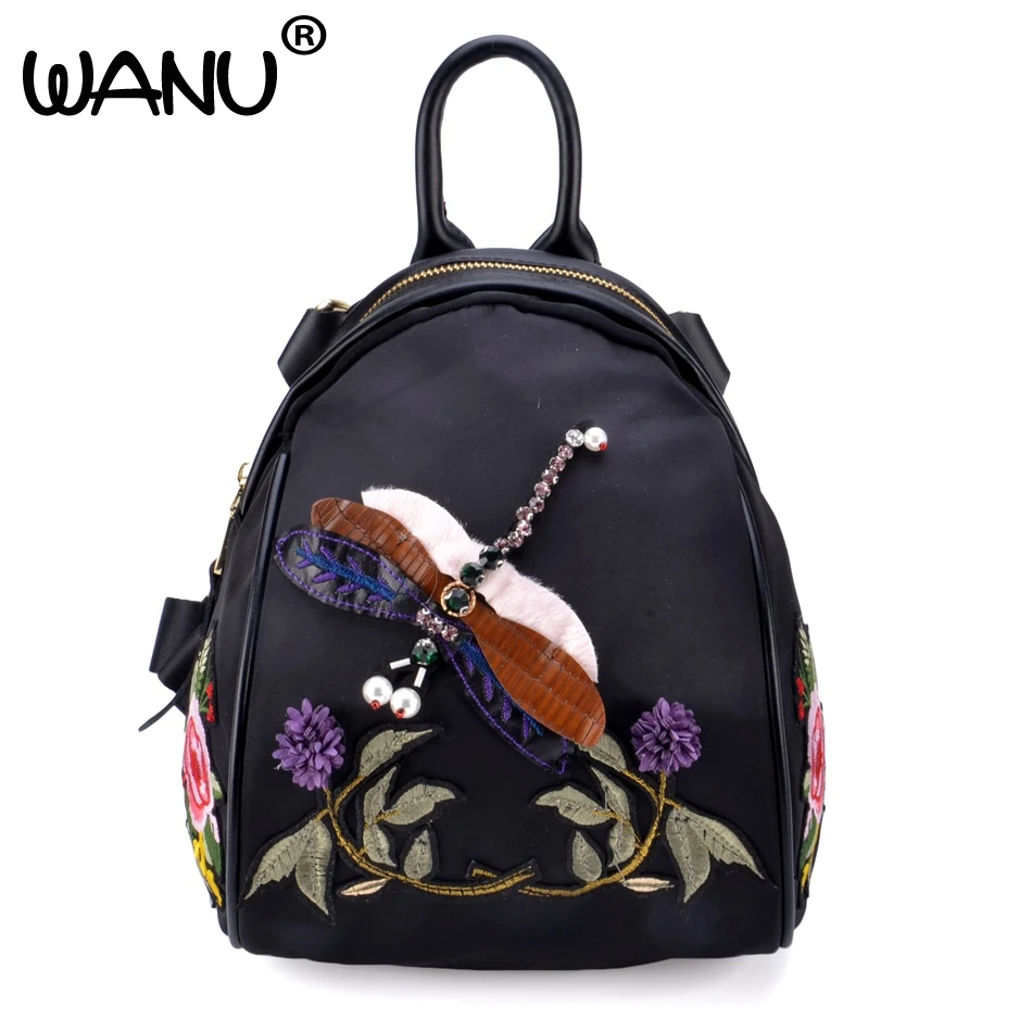 WANU Fashion Women Backpacks Design Female Chinese Style Backpack Flowers Embroidery Bags Genuine Leather with Waterproof