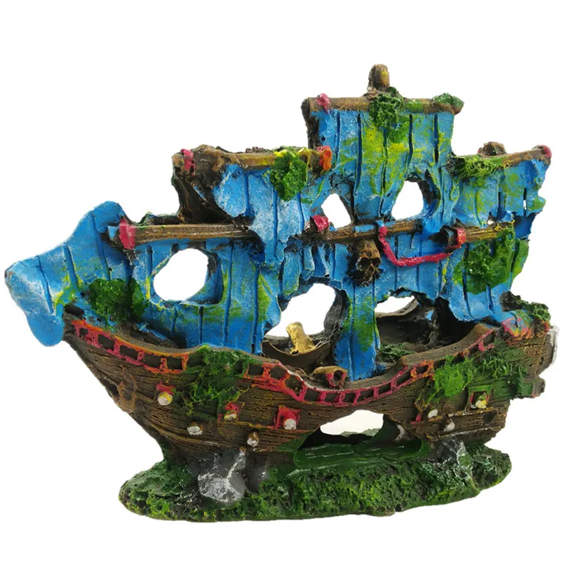 Аквариум из смолы, декоративная лодка Искусственный аквариум, поврежденный орнамент корабля аквариумный камень для рыбных креветок