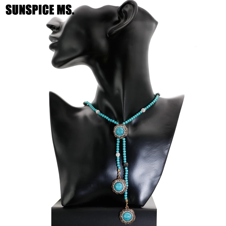 

SUNSPICE MS Retro Vintage Long Stone Beads Sweater Chain For Women Antique Gold Color Bohemia Ethnic Wedding Jewelry Gifts 2018