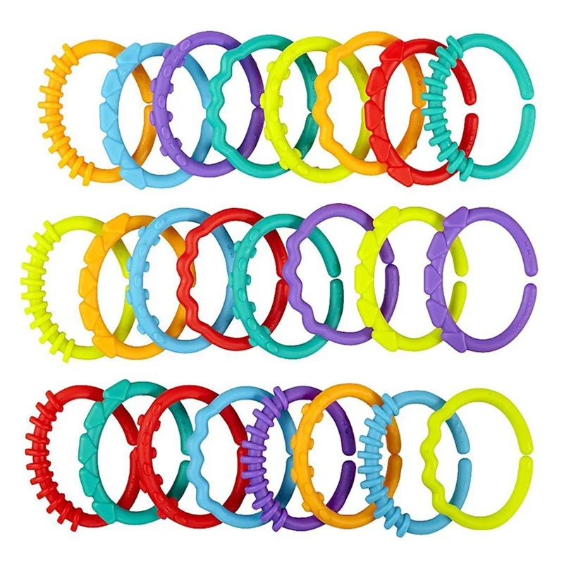 

24Pcs Plastic Hook Infant Teether Baby Toys Colorful Rainbow Rings Crib For Stroller Hanging Accessories For Wheelchairs