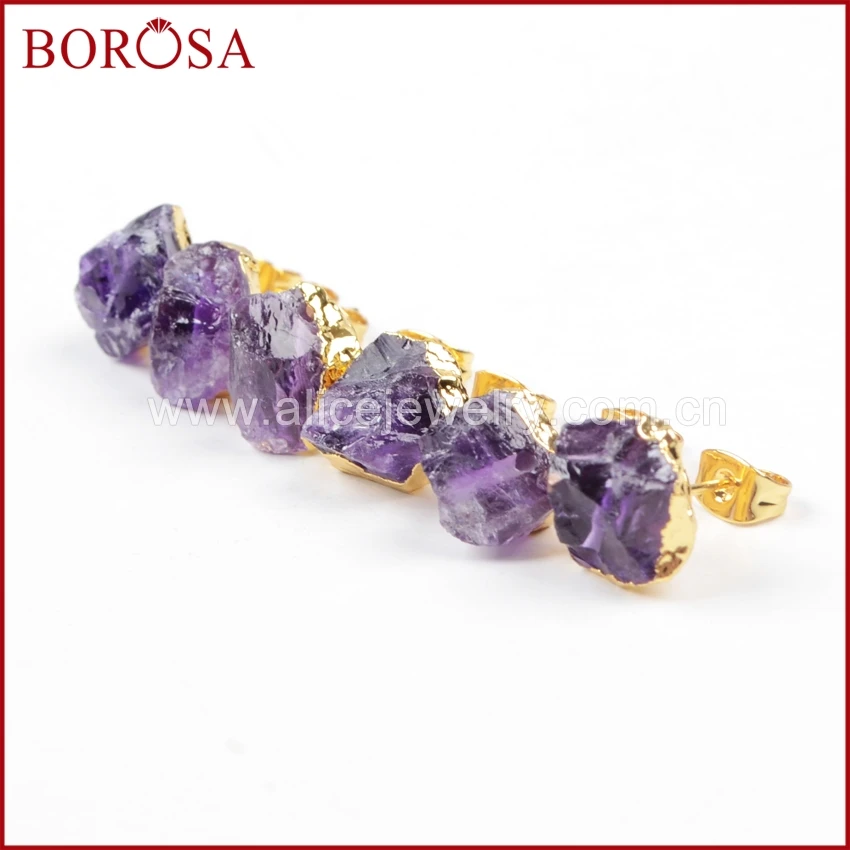 Borosa 10 PCS новых природных сырья Фиолетовый Кристалл Золотой Цвет Серьги G1151 Druzy Мода Drusy Серьги