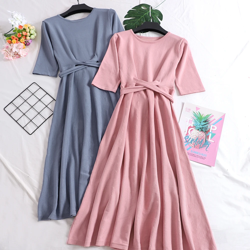

2019 Women Summer O-Neck Short Sleeve Knitted Dress Casual Lace Up Bandage Cross Elastic Slim High Waist Pullover Pleated Dress