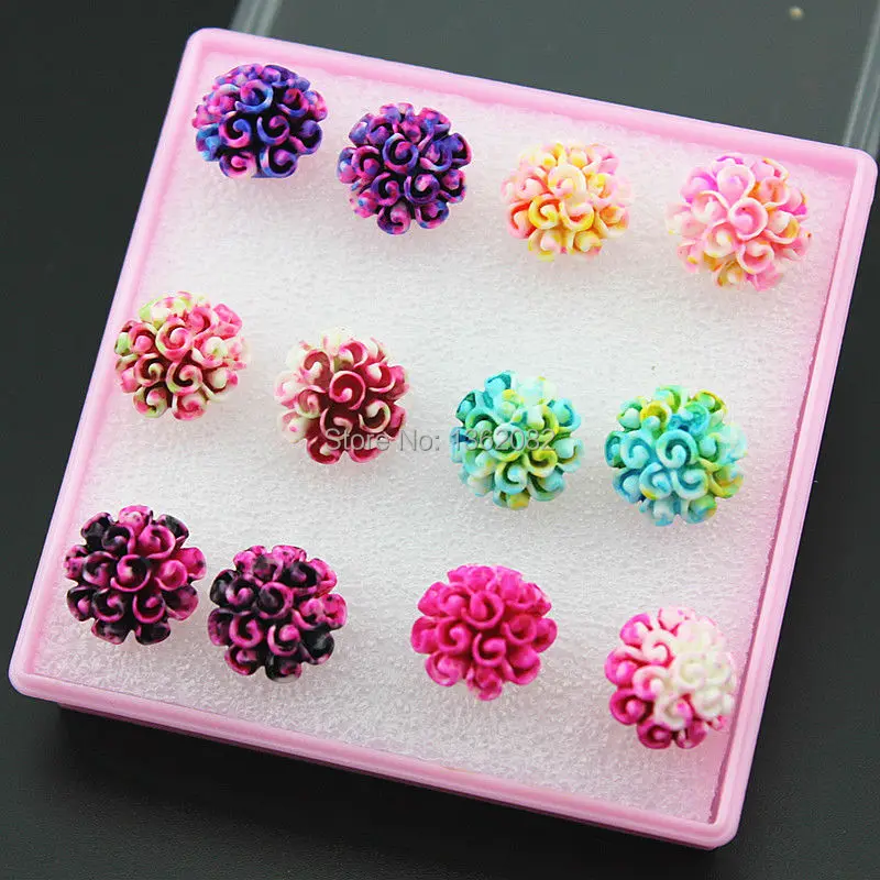 New Fashion 6 pairs Resin Carved Cluster Flower Stud Earrings for Girl