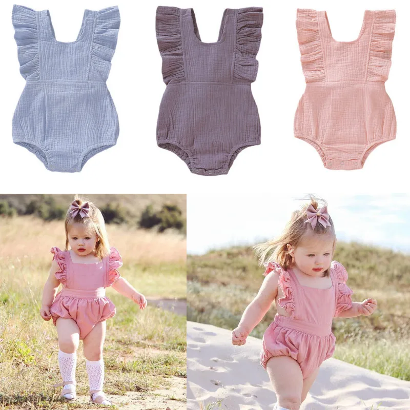 

2019 Infant Baby Girl Bodysuit Jumpsuit Sleeveless Ruffles Solid Toddler Clothes Summer Newborn Baby Girl Clothing Sunsuit