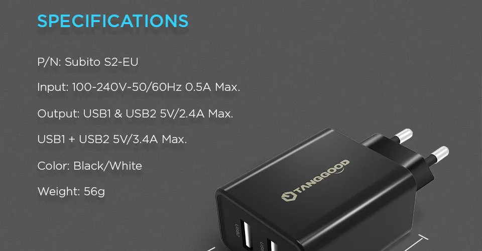 TANGGOOD Dual USB Зарядное устройство 5V 3.4A 17 Вт 2-Порты и разъёмы стены Зарядное устройство адаптер Универсальный мобильный телефон Зарядное устройство для samsung S8 iPhone X 8 Plus