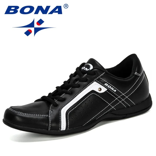 BONA Men Flats Microfiber Lacing Shoes Breathable Men Casual Shoes Fashion Sneaker Men Loafers Outdoor Man Leisure Footwear Black