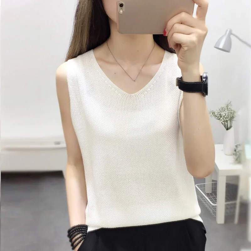 

Newest Summer Women V Neck Solid Color Bottoming Shirt Tops Sleeveless Loose Knitted Vest Solid Casual Womens Tank Tops