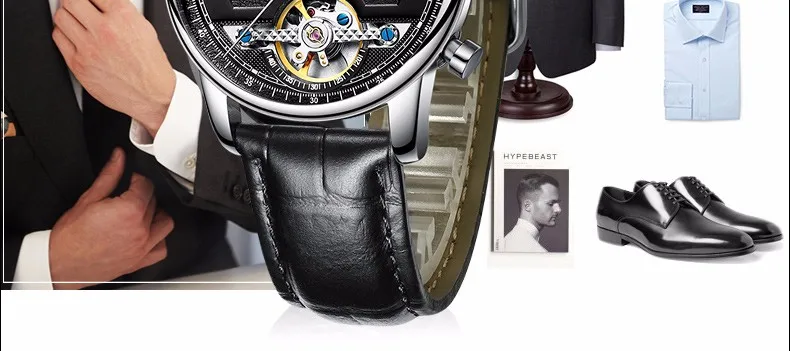 Бингер Tourbillion черный золотая волна циферблат модные повседневные Дизайнерские мужские часы лучший бренд механические Автоматическая
