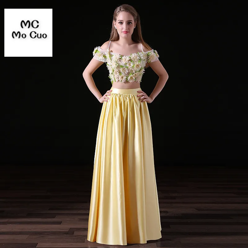 

2017 Two Pieces Gown Prom dresses Long Flowers Pearls Vestidos de fiesta Formal Satin Floor Length Draped Evening Prom Dress