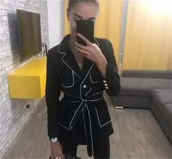 Край цвет Хит жемчуг кнопка карман Длинные застегнуть полосы для женщин офисные женские туфли высокого класса костюм черная куртка dd91