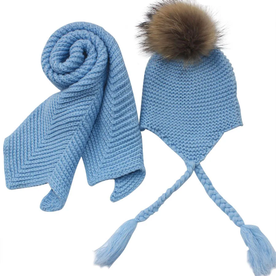 Детский вязаный шарф и шапка, комплект, Роскошные зимние теплые вязаные шапки и шарфы с натуральным мехом, Шапка-бини для мальчиков и девочек - Цвет: light blue