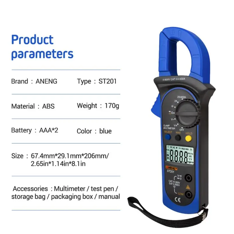 Цифровой мультиметр-зажим ST-201 True RMS lcd Multifuction Ohm DC AC Вольтметр Амперметр переменного тока тестер данных