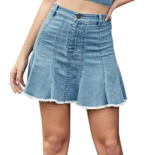Уличная джинсовые мини-юбки для женщин Женская однотонная Высокая талия Нижняя юбка с карманами плиссированные оборки короткая джинсовая юбка Mujer