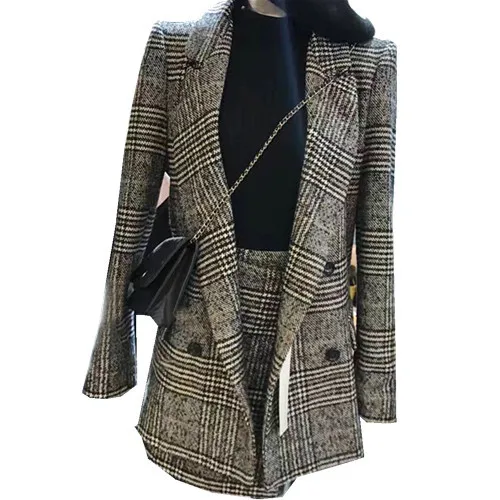 

JSXDHK Plus Size Autumn Winter Women Skirt Suits 2018 Runway Houndstooth Plaid Tweed Woollen Blazer Coat + Short A Line Suits