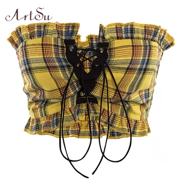 

ArtSu Plaid Ruffle Lace Up Tank Top Sexy Bohemian Fitness Yellow Crop Top Off Shoulder Backless Vintage Short Tops ASVE20275