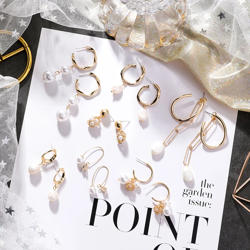 

2019 New Korea Design Metal Gold Geometric Irregular Circle Square Natural Freshwater Pearl Drop Earrings for Women Girl Gift
