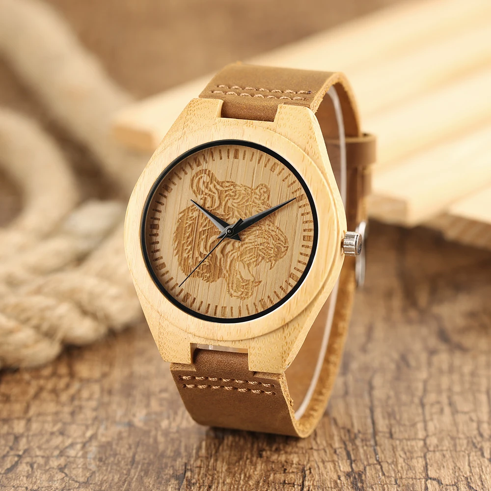 Tiger Head Theme Bamboo Wooden Wrist Watch Casual Nature Creative Wood Sport Quartz Watches Analog Clock for Men Women (12)