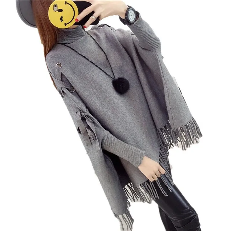 2022 Winter Women Kintted Sweaters Tassel Shawl Poncho Knitwear Female Solid Color Turtleneck Bating Sleeve Casual Pullover Z139