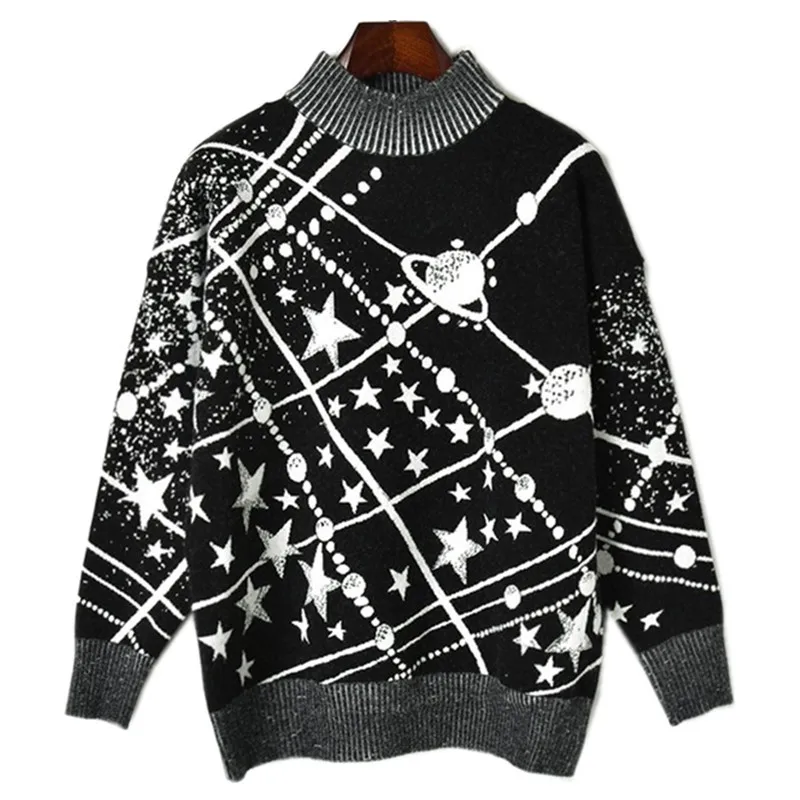 Luxury Brand 2018 Fashion Long Sleeve Turtleneck Sweater High Quality Autumn Starry sky Patchwork Female Pullovers Designer Tops | Женская