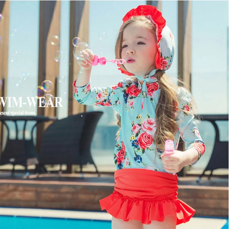Детский купальный костюм для девочек, модный купальный костюм, юбка+ шапочка+ топы, купальный комплект с длинными рукавами, одежда для серфинга для девочек