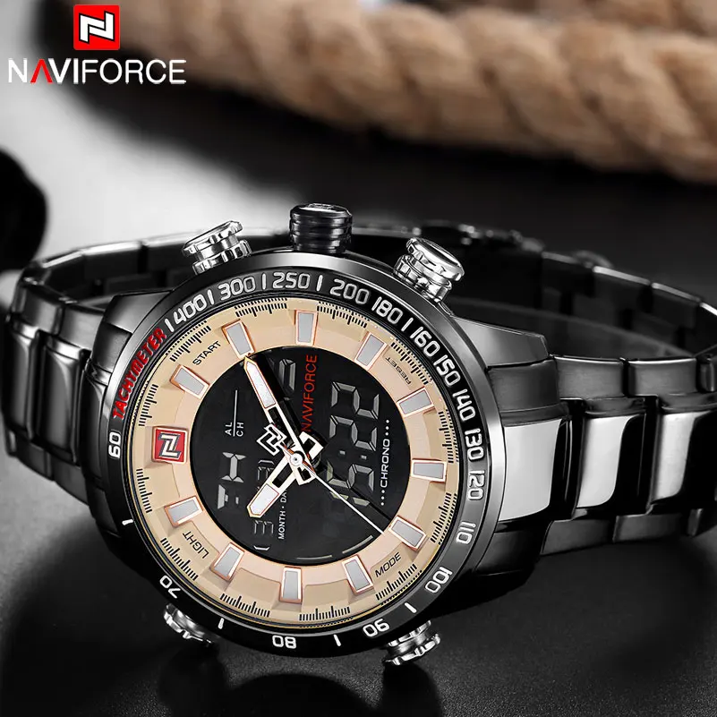 Мужские спортивные часы NAVIFORCE брендовые с двойным дисплеем светодиодный