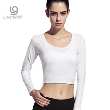 Ovesport/сексуальные короткие спортивные рубашки для йоги, женские топы с длинными рукавами, быстросохнущие однотонные колготки для фитнеса, топы на бретелях, Спортивная сорочка с низким вырезом на спине