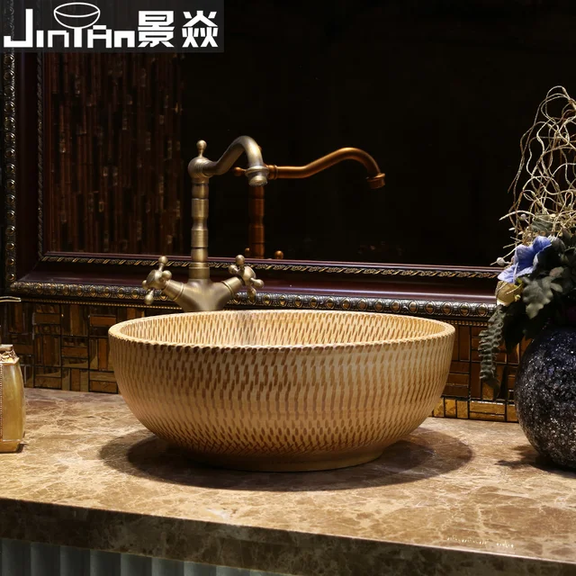 Jing Yan Washbasin Bathroom Small Size Countertop Art Basin Sink Retro Round Carving In Sinks From Home Improvement On