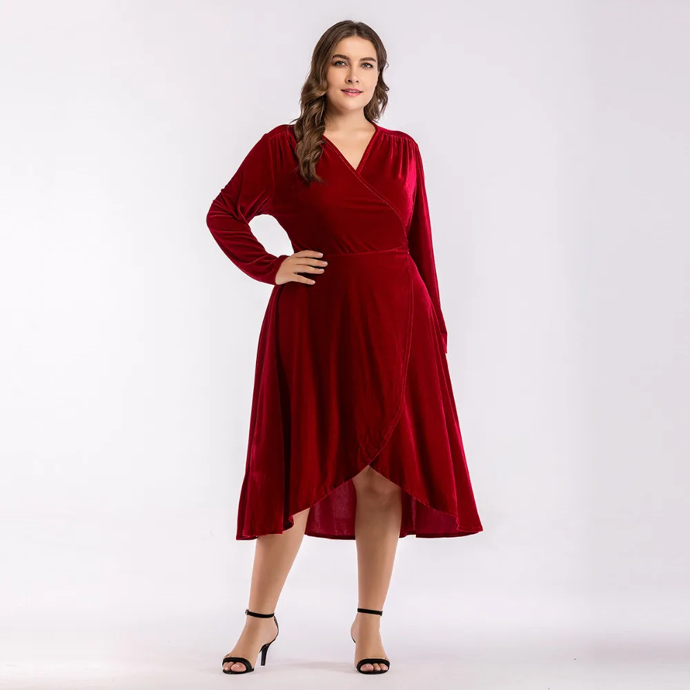 Asymmetry cut Velvet Dress Mid Calf V neck long sleeve women dresses