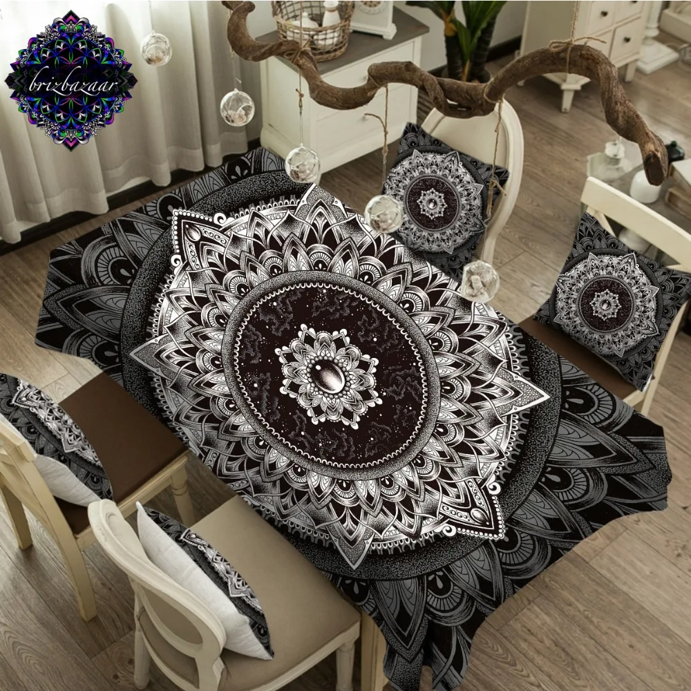 

Mandala by Brizbazaar Tablecloth Black White Flower Waterproof Kitchen Table Cloth Mysterious Universe Gemstone Table Cover
