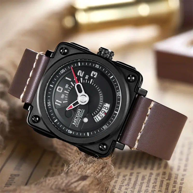 MEGIR спортивные мужские часы с кожаным ремешком, квадратные мужские часы, мужские Кварцевые военные часы, Reloj Hombre с коробкой для часов 2040