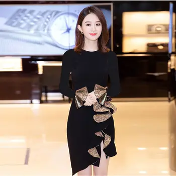 

2019 Mini Dress Sexy Sequined Flare Sleeve RufflesO NeckWomen Full Slit Zhao Liying Celebrity Night Club Party Dresses Wholesale