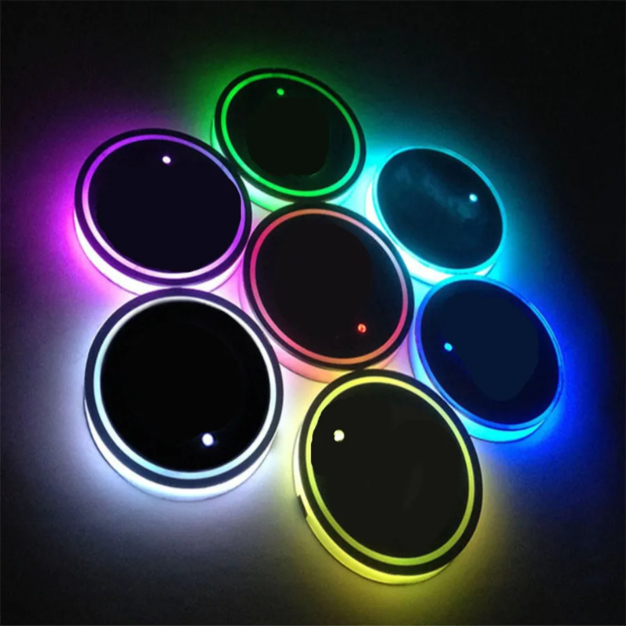 

2pcs Universal (65mm)Car Cup Holder Atmosphere Light USB Charge Switchable 7 Colors RGB LED Bottom Pad Waterproof Bottle Drinks