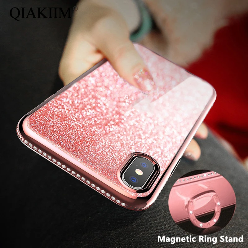 

Glitter Powder Soft TPU Cover For Huawei Mate 10 20 P20 P30 Pro Lite Honor 8X Bling Diamond Magnetic Finger Ring Kickstand Case