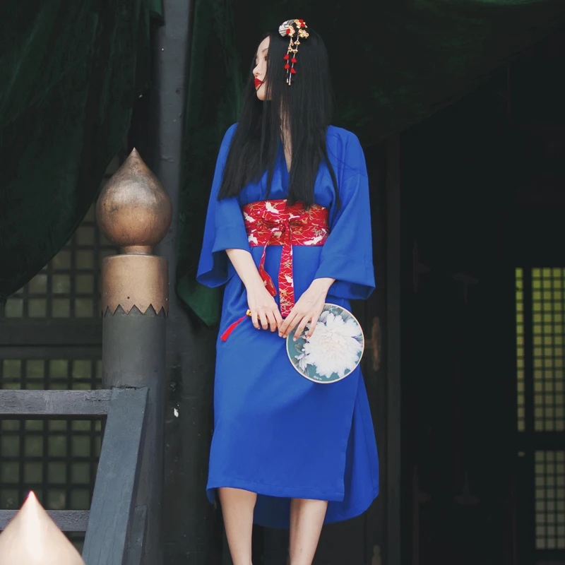 Женское японское кимоно стильное свободное сплошное тонкое сексуальное длинное платье с v-образным вырезом - Цвет: blue with belt