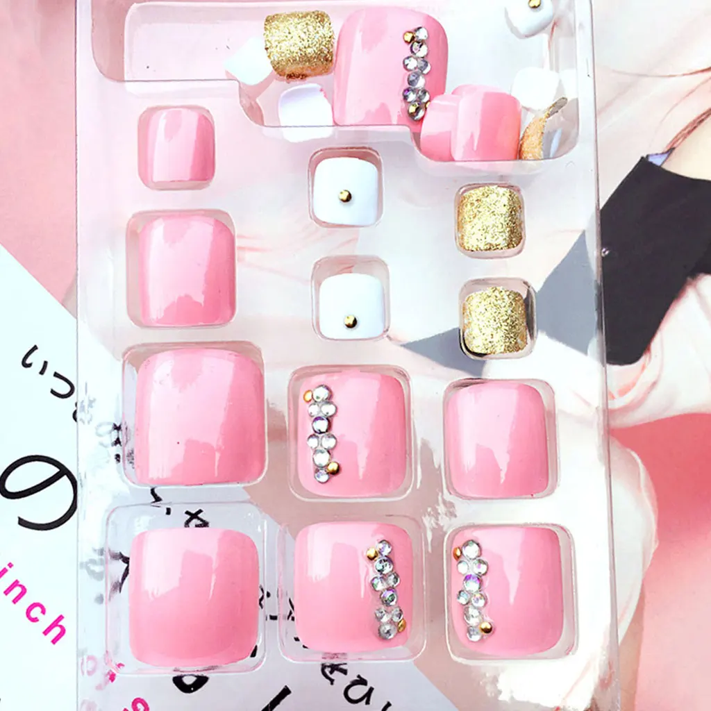 

24Pcs Pro Foot False Nail Tips Rhinestone Fake Toes Nails Toe Art Tool J59