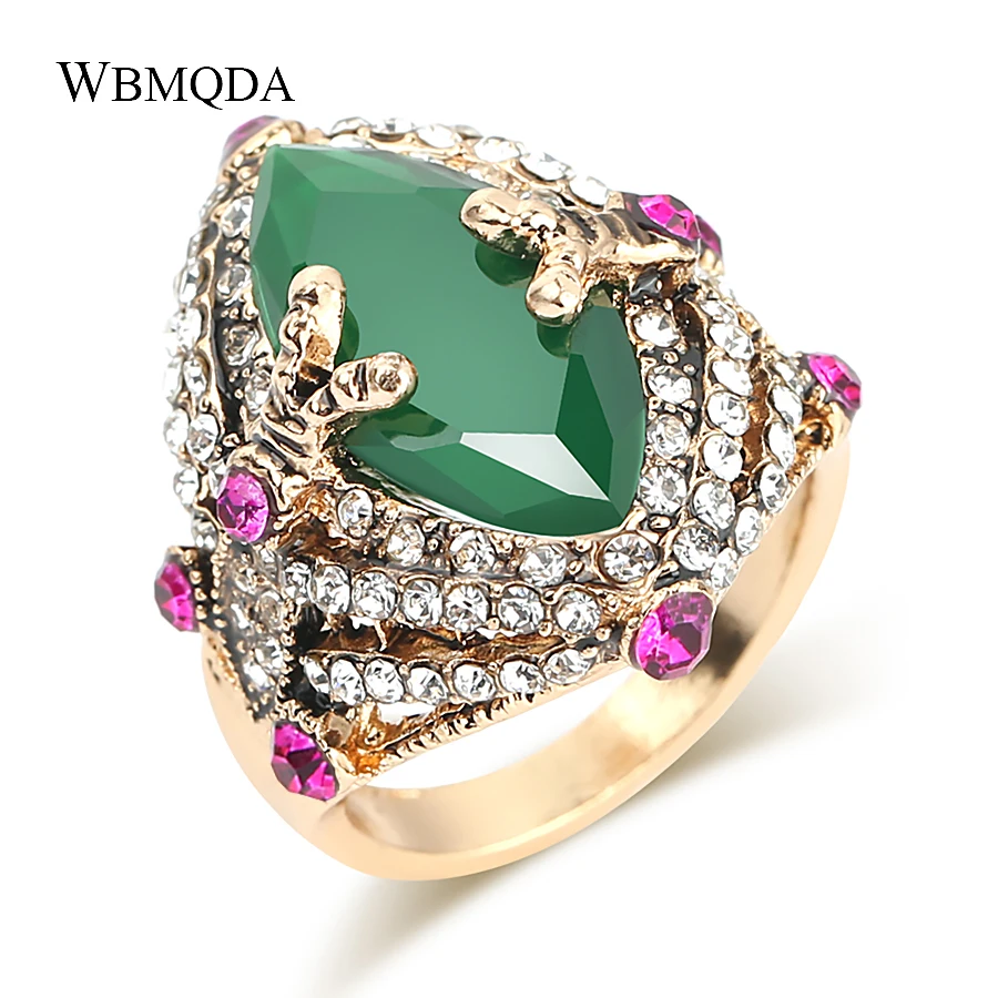 Wbmqda Мода Турецкий зеленый полимерный кольцо античный золотой цвет аксессуары блестящие женские вечерние хрустальные цветы винтажные кольца со стразами