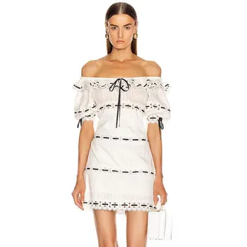 

2019 Mini Dress Sexy Celebrity Backless Short Bow Striped Women Slash Neck Ruffles Night Club Body con Party Dresses Wholesale