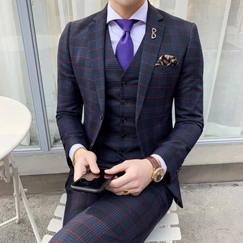 

3 Pieces Suit Vest Retro Plaid Slim Fit Mens Suits With Pants Formal Wedding Suits Set For Menl Dress Tuxedo 3XL New 2019