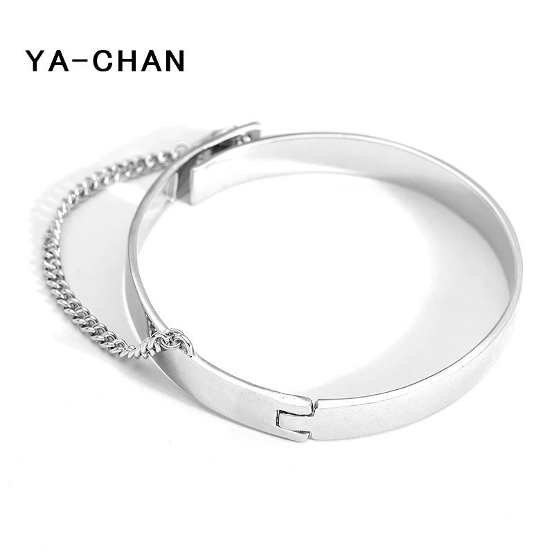

YA-CHAN Punk Style 925 Sterling Silver Bracelets&Bangles for Womens Safety Chain Wide Cuff Adjustable Bangles Fine Jewellery