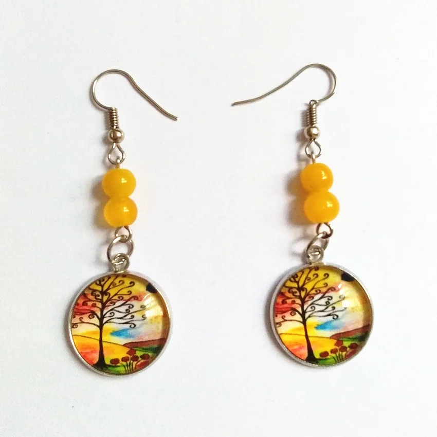 

Vintage Art Long Earrings For Women Colorful Tree Of Life Glass Cabochon Drop Earrings Beads Dangle Earrings Boho Jewelry Gift