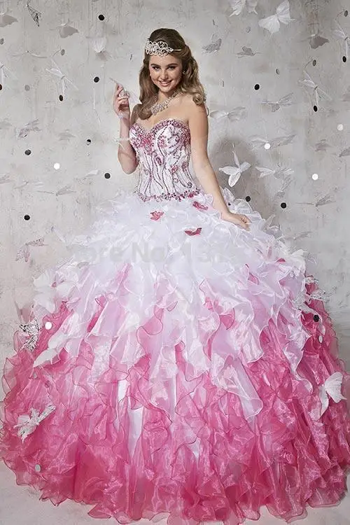 

2016 Big White Fuchsia Two Tones Quinceanera Dresses Sweetheart Organza Ball Gown Wedding Sweet 15 16 Dresses Custom Made
