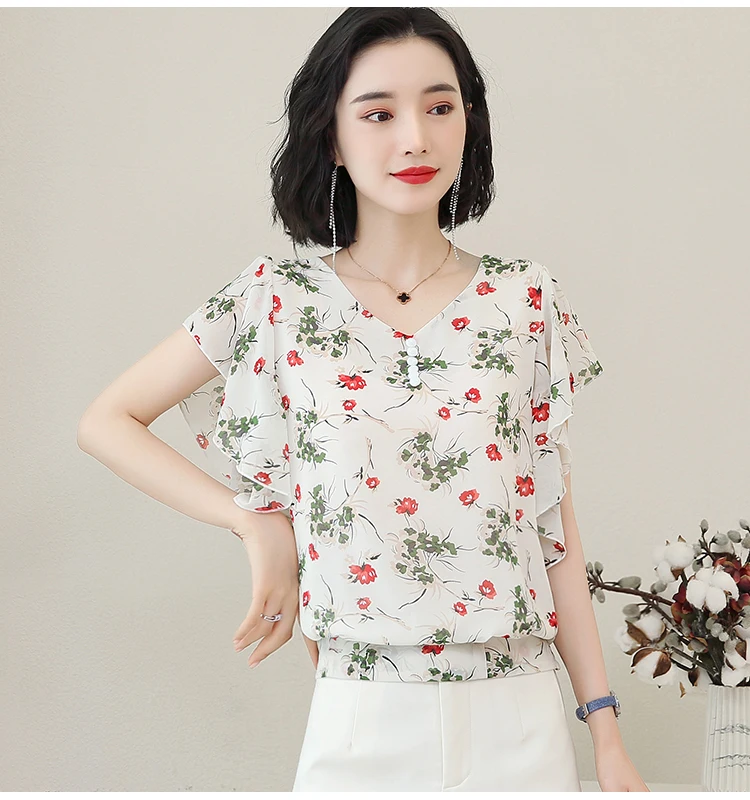 Dames блузка zomer женские летние футболки, дамские Топы Цветочные v-образным вырезом с коротким рукавом Шифоновая Блузка женские блузы и топы 4575 50